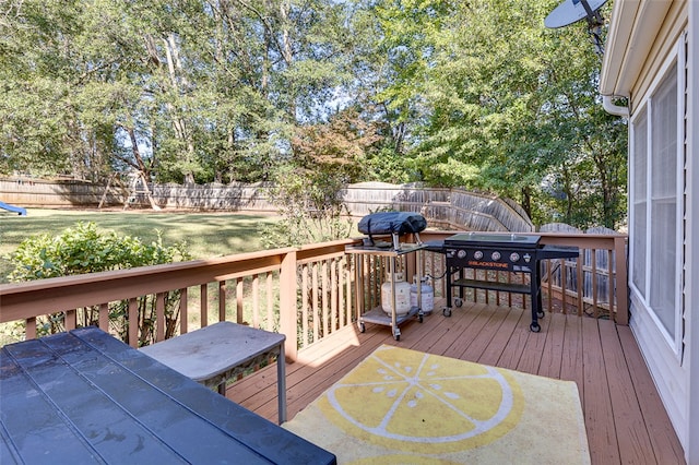 wooden deck with a lawn and grilling area