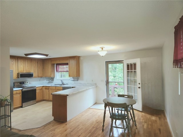 kitchen with kitchen peninsula, light hardwood / wood-style floors, appliances with stainless steel finishes, and sink