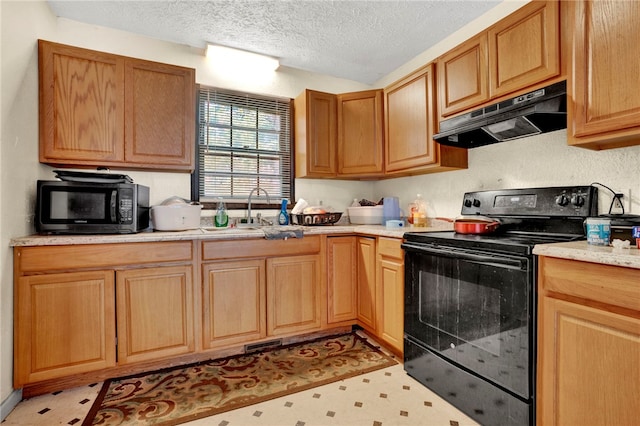 kitchen featuring black electric range, a textured ceiling, and sink