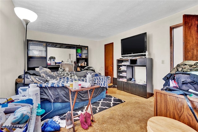 carpeted bedroom with a textured ceiling