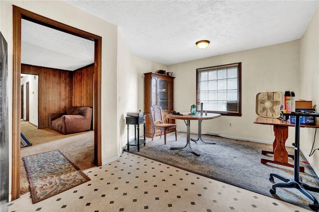 carpeted office space with a textured ceiling