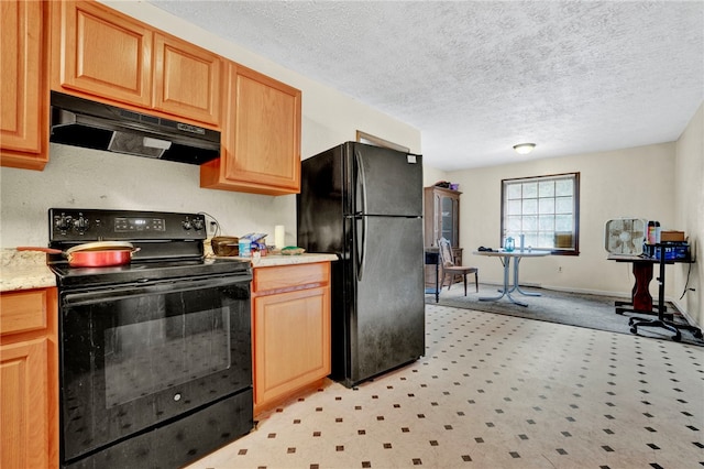 kitchen with light colored carpet, black appliances, and a textured ceiling