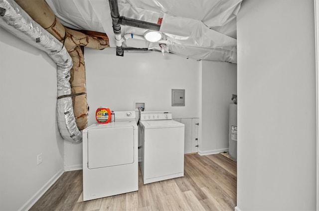 clothes washing area featuring washer and clothes dryer, water heater, and light wood-type flooring