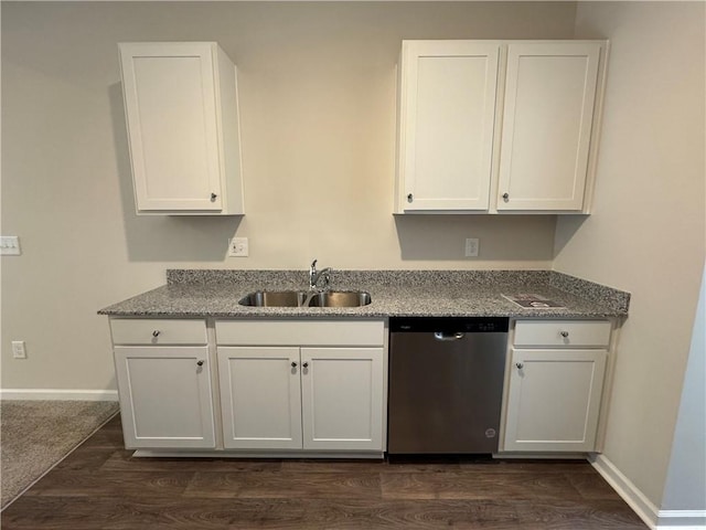 kitchen with sink, stone counters, dark wood-type flooring, white cabinetry, and dishwasher