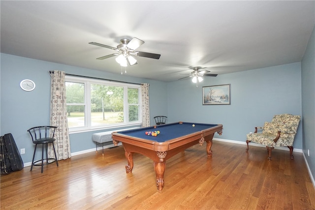 recreation room featuring ceiling fan, wood-type flooring, and pool table