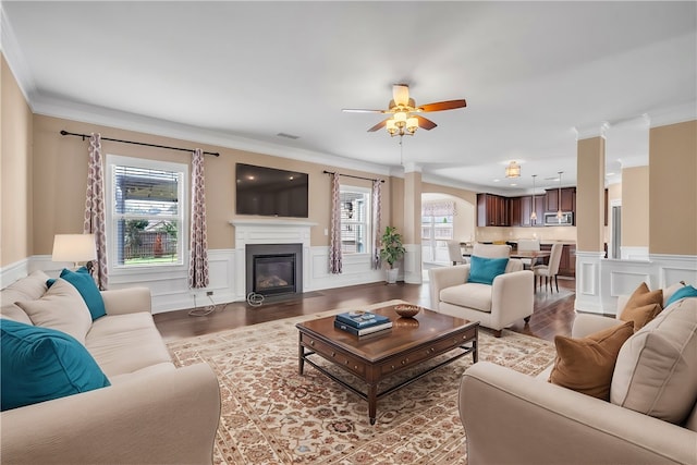 living room featuring crown molding, a glass covered fireplace, wainscoting, ceiling fan, and wood finished floors