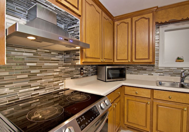 kitchen with decorative backsplash, extractor fan, appliances with stainless steel finishes, and sink