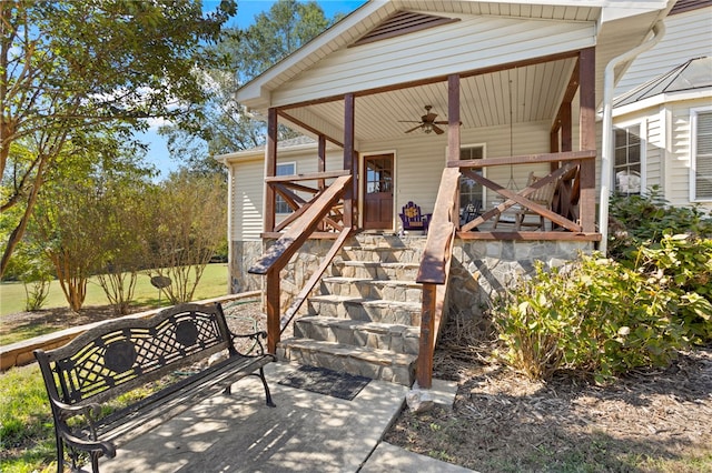 exterior space with covered porch and ceiling fan