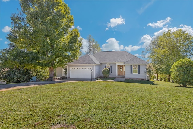 single story home featuring a front yard and a garage