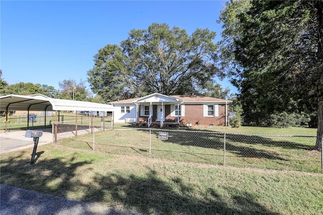 view of front of property with a front yard, a porch, and a carport