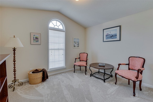 sitting room with vaulted ceiling and light carpet