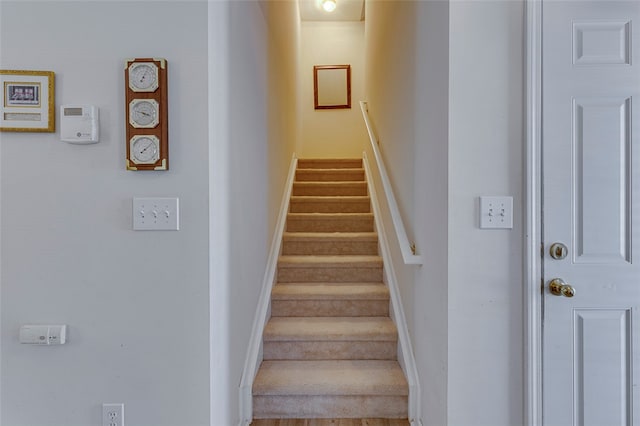 staircase with hardwood / wood-style floors