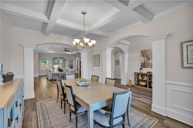 dining room with ceiling fan with notable chandelier, dark hardwood / wood-style floors, coffered ceiling, and beam ceiling