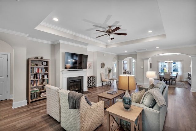 living room with dark hardwood / wood-style floors and a raised ceiling