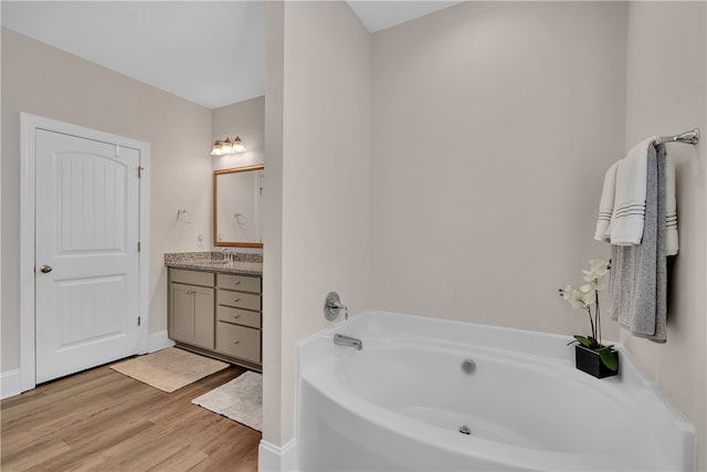 bathroom with hardwood / wood-style flooring, a tub, and vanity