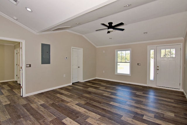 foyer entrance featuring lofted ceiling, dark wood-type flooring, crown molding, electric panel, and ceiling fan