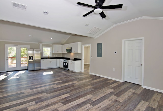 unfurnished living room featuring sink, ornamental molding, lofted ceiling, and dark hardwood / wood-style flooring