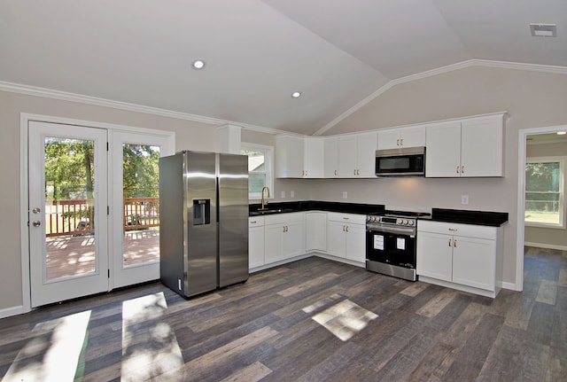 kitchen featuring dark hardwood / wood-style floors, stainless steel appliances, ornamental molding, vaulted ceiling, and white cabinetry