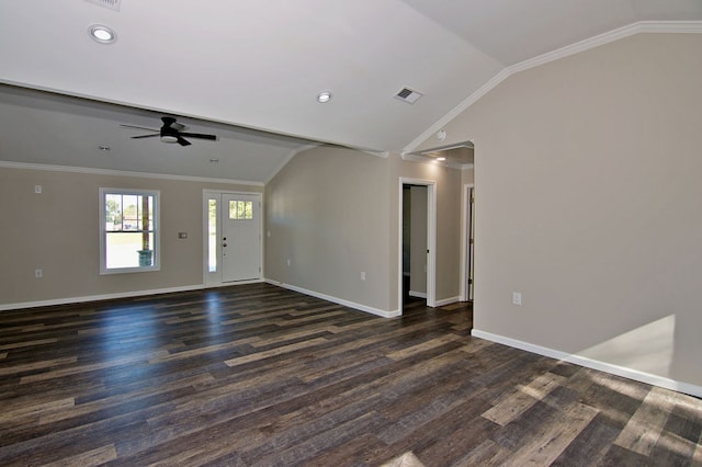 interior space featuring dark wood-type flooring, ceiling fan, ornamental molding, and vaulted ceiling