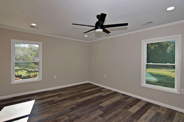 unfurnished room with ornamental molding, ceiling fan, and dark hardwood / wood-style flooring