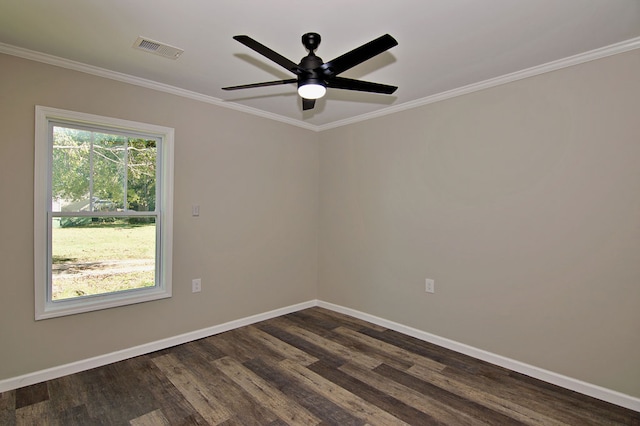 empty room with ceiling fan, crown molding, and dark hardwood / wood-style flooring