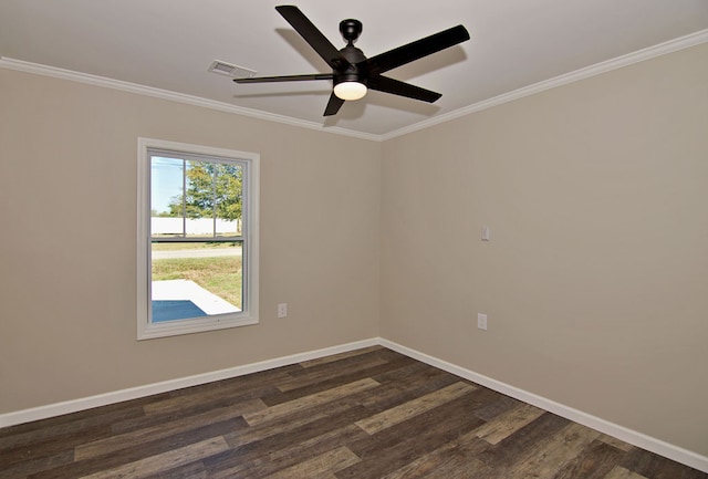 unfurnished room with ceiling fan, ornamental molding, and dark hardwood / wood-style floors