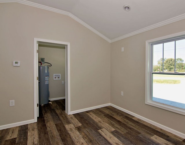 spare room with dark wood-type flooring, electric water heater, lofted ceiling, and plenty of natural light