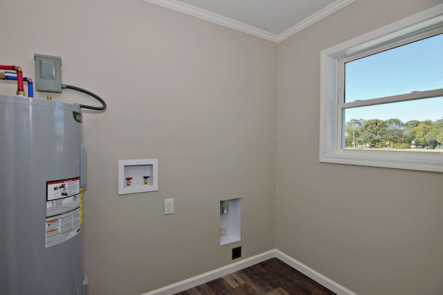 washroom with water heater, dark wood-type flooring, crown molding, electric dryer hookup, and washer hookup