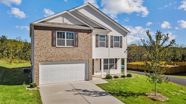 view of front facade featuring cooling unit, a front lawn, and a garage