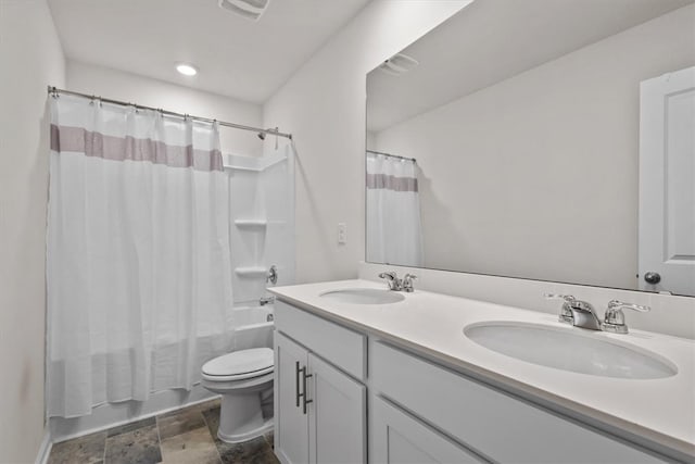 full bathroom with vanity, toilet, and shower / bathtub combination with curtain