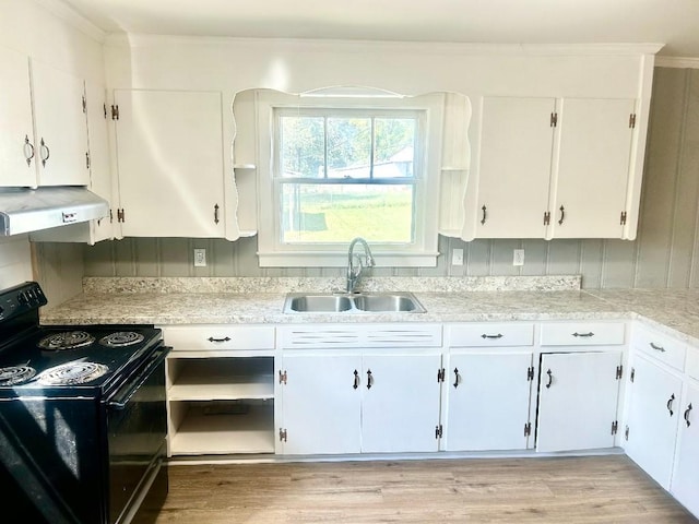 3406 Wilmont St, Anderson, SC 29624 - kitchen featuring black range with electric stovetop, under cabinet range hood, a sink, open shelves, and crown molding