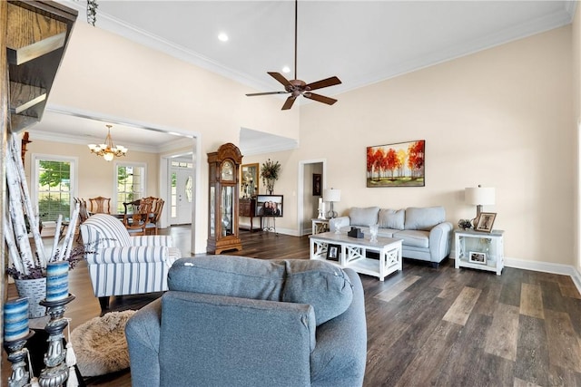 living area with recessed lighting, crown molding, baseboards, dark wood-style flooring, and ceiling fan with notable chandelier