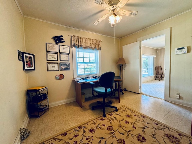 office featuring ornamental molding and ceiling fan