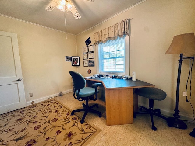 office area featuring ornamental molding and ceiling fan