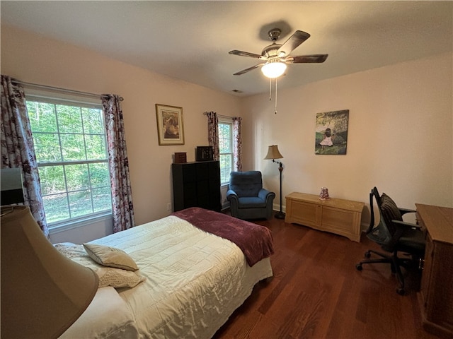 bedroom featuring ceiling fan, multiple windows, and dark hardwood / wood-style floors