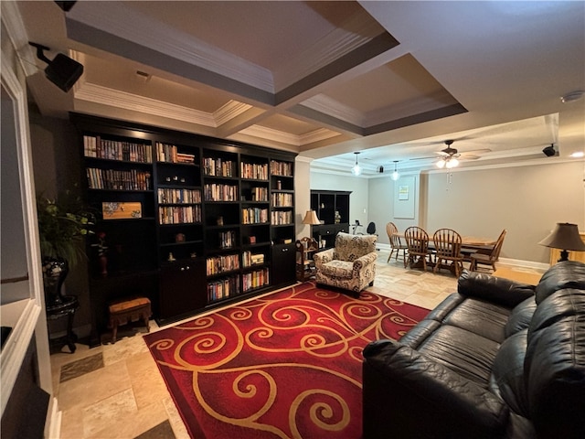 living area with ornamental molding, beamed ceiling, coffered ceiling, and ceiling fan