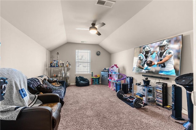 recreation room with vaulted ceiling, carpet flooring, and ceiling fan