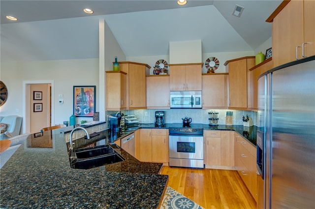 kitchen with light hardwood / wood-style floors, stainless steel appliances, sink, and backsplash