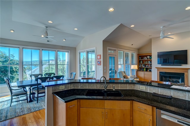 kitchen featuring stainless steel dishwasher, dark stone counters, and vaulted ceiling