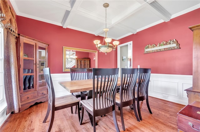 dining room with coffered ceiling, crown molding, beam ceiling, an inviting chandelier, and hardwood / wood-style floors