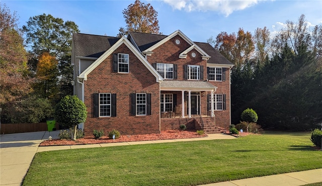 view of front of property with a porch and a front yard