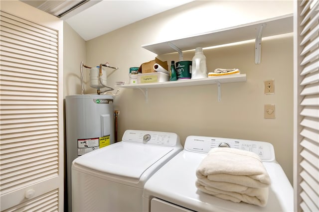 laundry area with water heater and separate washer and dryer