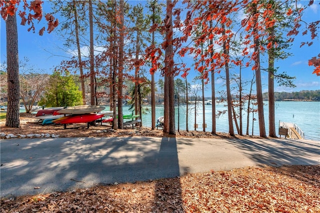 exterior space featuring a water view and a boat dock