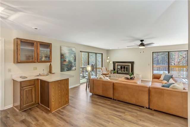 living room with light hardwood / wood-style flooring, sink, and a wealth of natural light