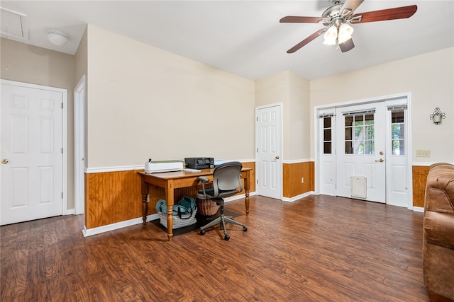 home office with ceiling fan, wood walls, and dark wood-type flooring