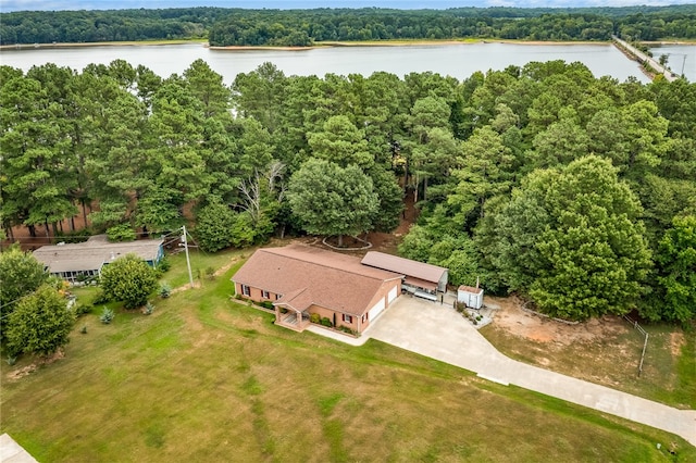 drone / aerial view with a water view