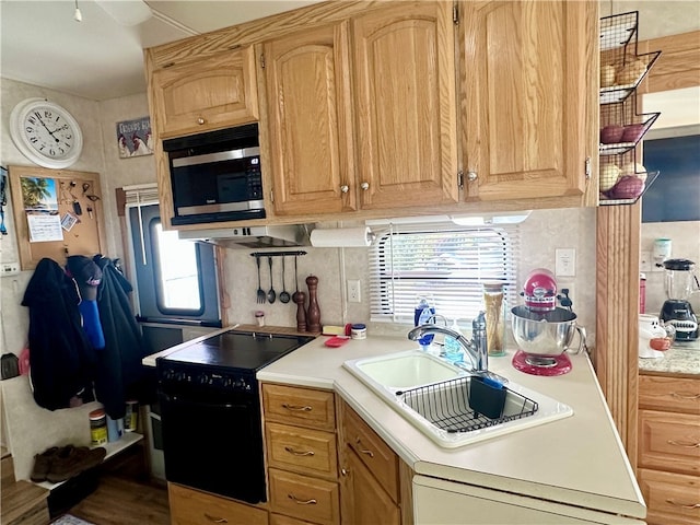 kitchen with black electric range, sink, and hardwood / wood-style floors