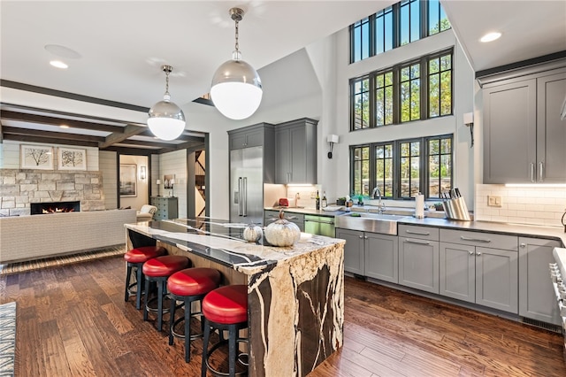 kitchen featuring gray cabinetry, appliances with stainless steel finishes, sink, and dark hardwood / wood-style floors