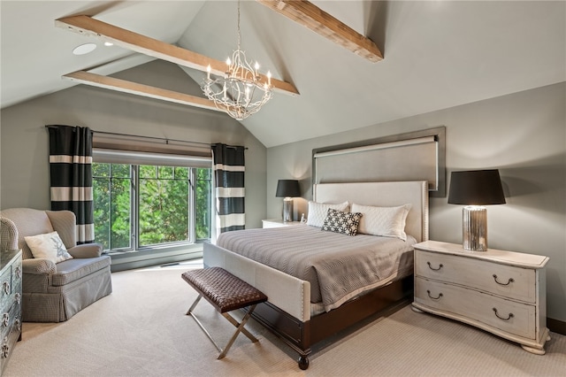 carpeted bedroom with a notable chandelier and vaulted ceiling with beams