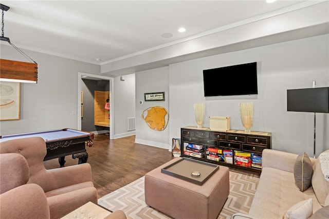 living room featuring ornamental molding, wood-type flooring, and billiards